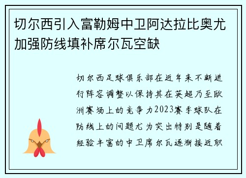 切尔西引入富勒姆中卫阿达拉比奥尤加强防线填补席尔瓦空缺 切尔西引入富勒姆中卫阿达拉比奥尤加强防线填补席尔瓦空缺