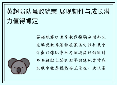 英超弱队虽败犹荣 展现韧性与成长潜力值得肯定