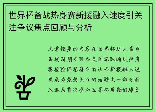 世界杯备战热身赛新援融入速度引关注争议焦点回顾与分析 世界杯备战热身赛新援融入速度引关注争议焦点回顾与分析