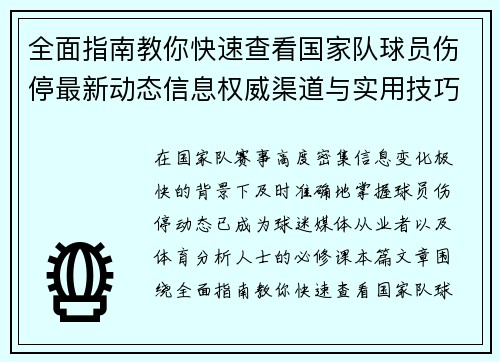 全面指南教你快速查看国家队球员伤停最新动态信息权威渠道与实用技巧